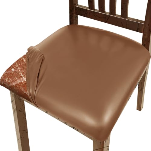 Pu Leather Dining Chair Seat Covers Set of 6, Waterproof Dining Seat Covers Stretch Chair Covers for Dining Chairs/Kitchen Room/Hotel, Odorless Seat Covers for Kitchen Chairs (Light Brown- 4 PCS)