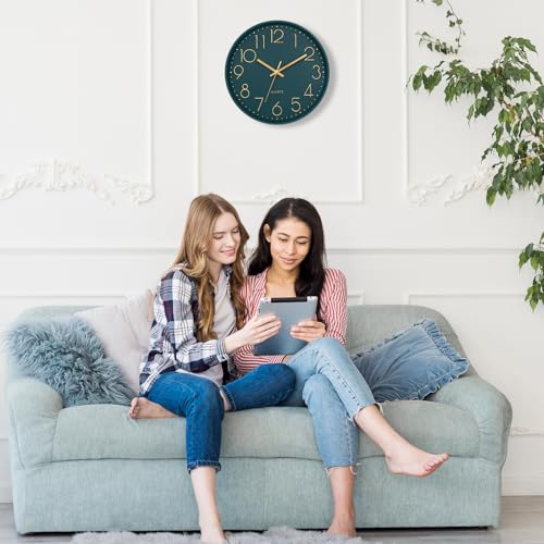 Lumuasky Wall Clock,Battery Operated Modern Analog Silent Non-Ticking Decorative Emerald Clock for School Office Classroom Bedroom Kitchen Living Room Nursery Decor (12 inch)