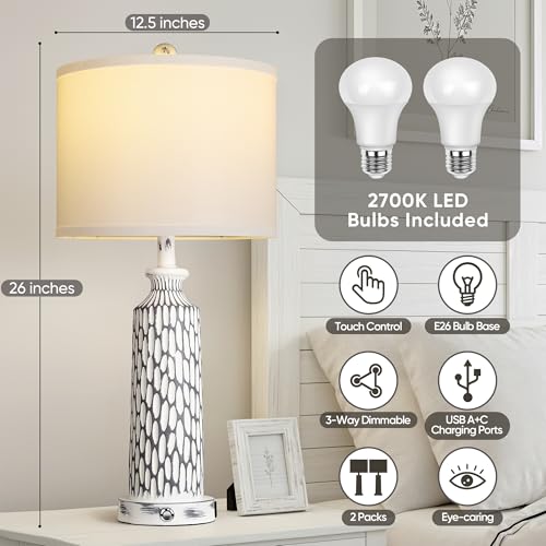 QiMH 26" Table Lamps Set of 2, Modern Bedside Lamps with USB A+C Ports, 3-Way Dimmable Touch Control & White Shade, Coastal White Gray Nightstand Lamp for Living Room Bedroom, Included 2700K LED Bulbs