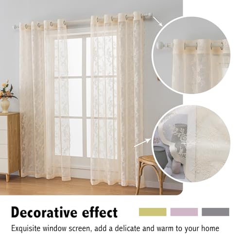 Anytime Beige Lace Sheer Curtain Panels for Living Room Elegant Window Treatment Sets Light Filtering Translucent Draperies for Office (2 Panels,W55 x L84inch)