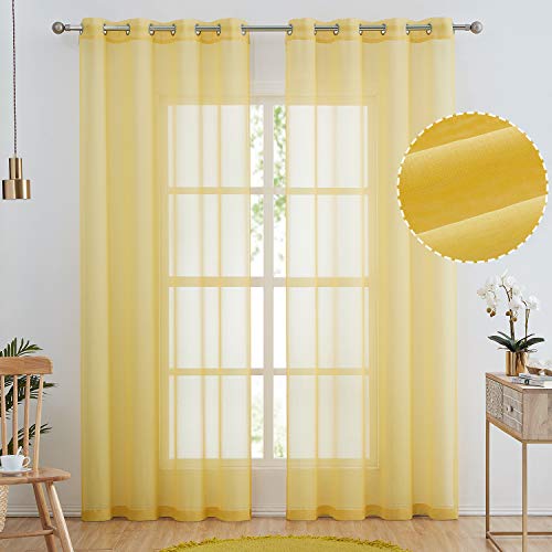 July Joy Semi Linen Look Sheer Curtains for Bedroom, Living Room Grommet Light Filtering Solid Voile Window Curtains, Set of 2 Panels (52 x 84 inch, Yellow)