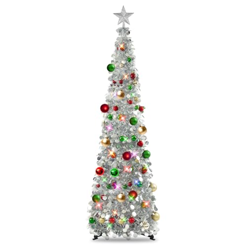N&T NIETING Pop Up Christmas Tree with Lights & 30 Balls, 5Ft Collapsible Silver Tinsel Christmas Tree Decoration for Holiday Home Office Decor