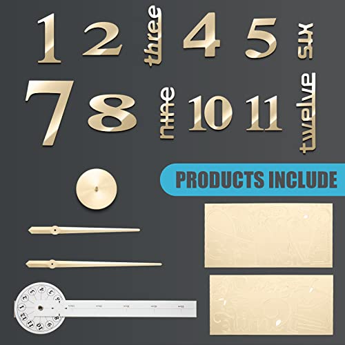 Junkin 3D Large Frameless DIY Wall Clock Modern Decor Family Quote Wall Stickers Clock Kit for Home Living Room Bedroom Office Decorations Adjustable Size(Gold)