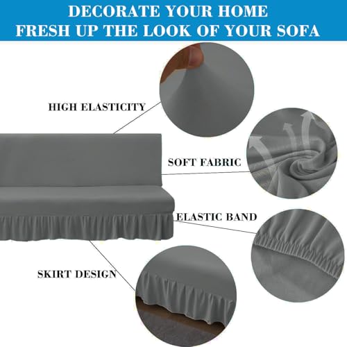 Futon Cover-Stretch Armless Futon Covers Full Size With Skirt Ruffled Futon Sofa Cover Washable Folding Sofa Bed Cover Soft Futon Couch Cover Slipcover With Elastic Bottom For Kids,Pets(Dark Grey)