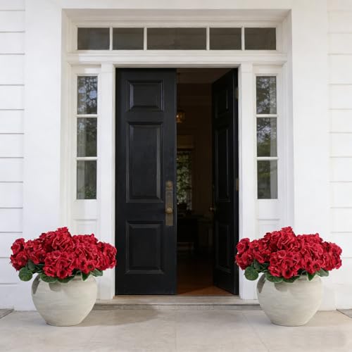 6 Bunches UV Resistant Red Artificial Flowers Geraniums – Lifelike Silk Fake Flowers for Outdoors | No Fade, No Watering, Full & Bigger Heads for Garden, Patio, Balcony, Porch Decor
