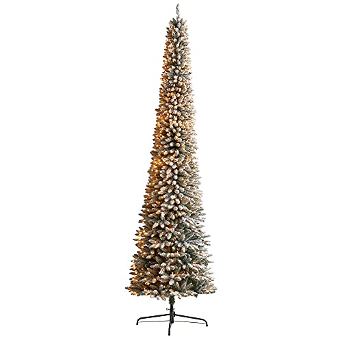 Nearly Natural 11ft. Flocked Pencil Artificial Christmas Tree with 850 Clear Lights and 1435 Bendable Branches