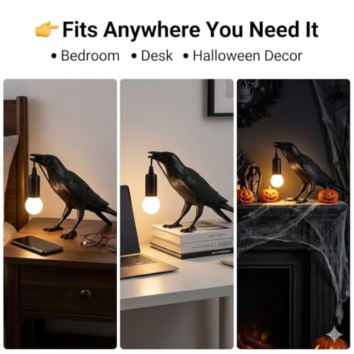Raven Lamp Gothic Decor, Black Crow Table Lamp with LED Bulb, Unique Dark Aesthetic Night Light for Bedroom Desk, Halloween Home Decoration Gift