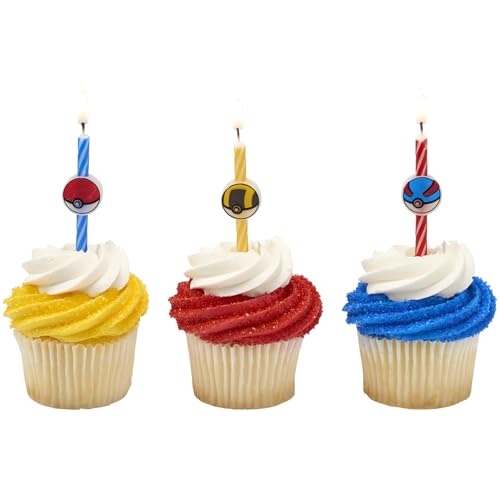 Pokémon Birthday Cake Candles | 6 Birthday Candles for Cake Decorations, Red, Blue, Yellow Striped Candles, Poké Ball Cake Toppers for Pokémon Party