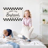 Long Live Boyhood Black and White Checkered Boys Room Decor - Cars Room Decor Linen Banner Wall Hanging Canvas Banner Flag Decor for Toddler Boy Bedroom Nursery Playroom Birthday Party