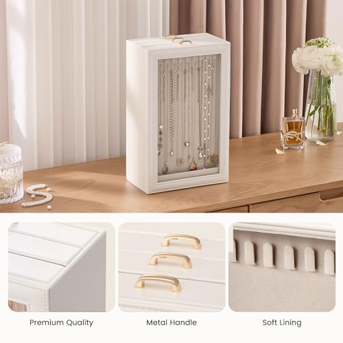 Lolalet Necklace Organizer Box, Jewelry Storage Box with Clear Window for Necklaces Bracelets, Tangle-Free Necklace Display Case for Women Girls, White, 3 Layers 30 Hooks