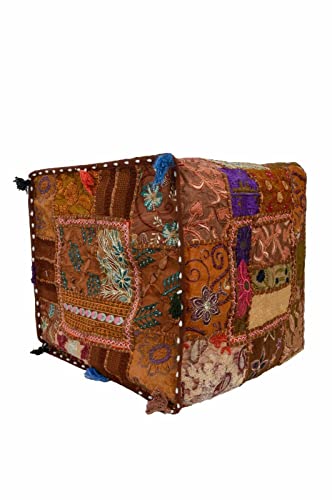 22" Indian Ethnic Cotton Ottoman Vintage Embroidered Patchwork Square Pouf
