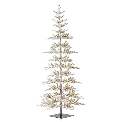 Glitzhome 9ft Pre-Lit Flocked Slim Artificial Christmas Tree with 650 Warm White LEDs, Realistic PE Needles Hinged Design for Modern Home Holiday Decor