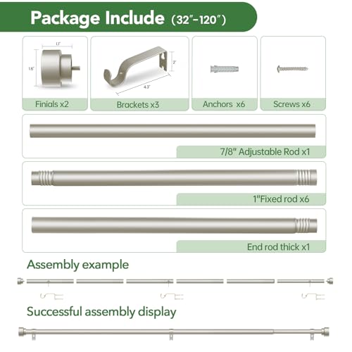 Time Forest Curtain Rods for Windows 66 to 120, 1 Inch Adjustable Heavy Duty Long Window Outdoor Curtain Rod for Patio, Drapery Rods with Simple End Caps, Size 32"-120", Brushed Nickel