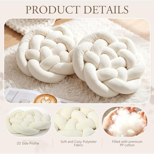 Novabright 2 Pack White Knot Pillow Balls 16x16 Handmade Knot Throw Pillows Plush for Couch Sofa Bedroom Living Home Decor Modern Round Aesthetic Accent Cushions