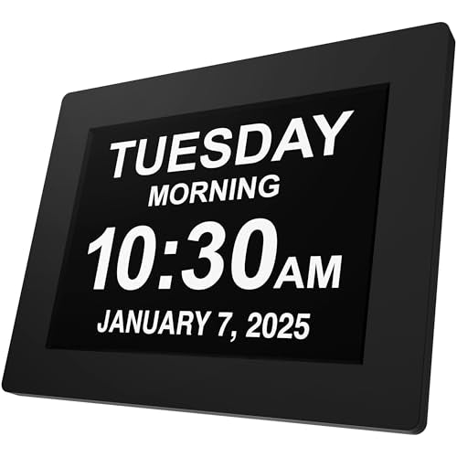 American Lifetime Large Digital Clock for Seniors, Black, 8 inch, with Day & Date, Customizable Alarms, Auto-Dimming, Multi-Language Support, Battery Backup, Easy Setup, and Gift Option