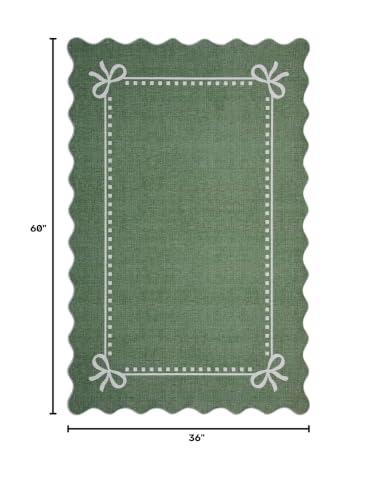 Garvee Scalloped Bow Rug Green Washable Solid 3x5 Area Rugs for Living Room
