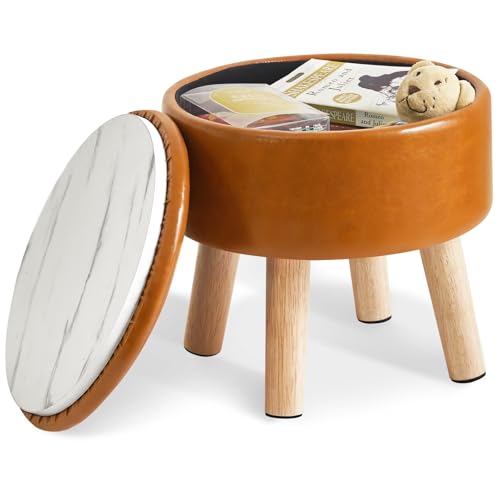 IBUYKE Small Foot Stool Ottoman with Storage, Round,Yellowish-Brown