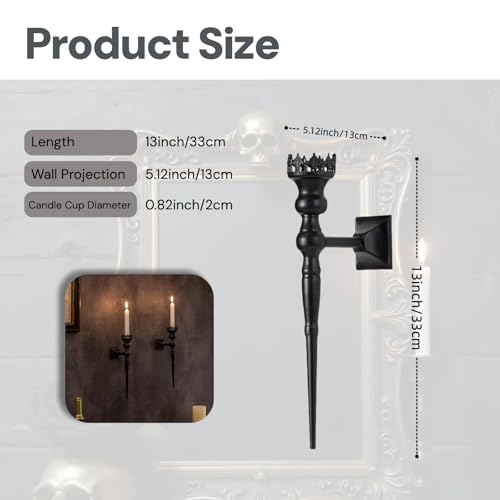 Gothic Wall Sconce Candle Holder for Taper Candles (Set of 2) Black Iron Crown and Scepter Design Victorian Wall Decor for Living Room, Bathroom,Dining Room