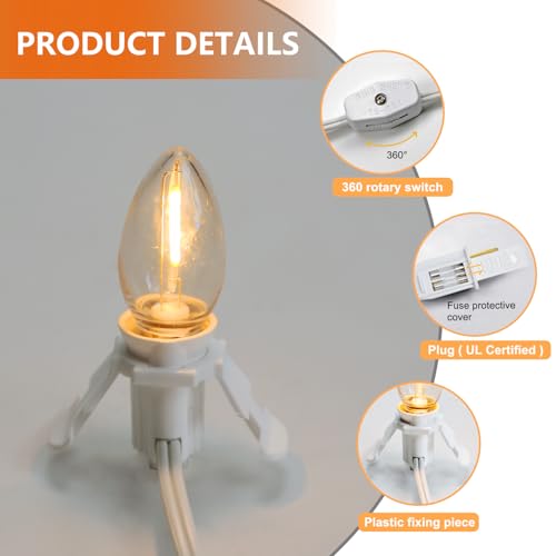 5 Base C7 String Bulbs Christmas Village Light Accessory Cord with 5 LED Light Bulb Universal Clip White Cord with On/Off Spare Fuse Switch Plugs for Decorations Christmas Village House