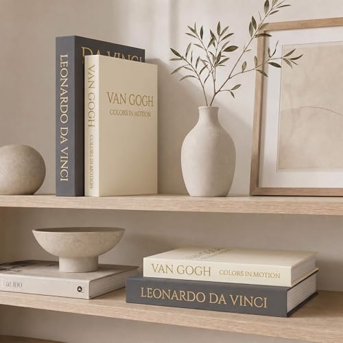 Decorative Storage Books Set of 2, Linen Cover, Gold Letters, Beige and Dark gray