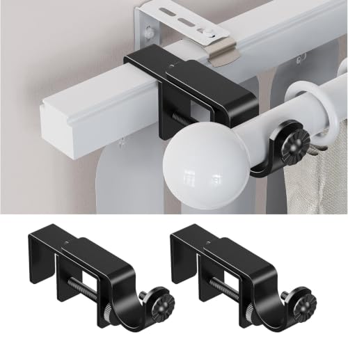 Over Blinds Curtain Rod Brackets for 1–2" Headrail Depth, Black 2PK | No Drill | Measure Before Ordering | Outside-Mount Blinds | Secure E-Clamp Grip