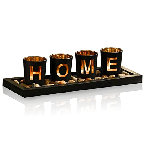 Home Decorative Candle Holder Set, 4 Glass Tea Light Candleholders with Wooden Candle Holders Tray, Natural Pebbles for Home Decor Table Decorations Centerpiece