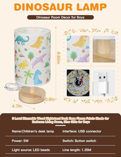 Dinosaur Lamp, Dinosaur Room Decor for Boys, 3 Level Dimmable Wood Nightstand Desk Base Flaxen Fabric Shade for Bedroom Living Room, Dino Gifts for Boys