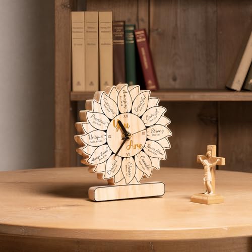 Christian Birthday Gifts for Women, Sunflower Clock Gifts for Women, Inspirational Spiritual Faith Gifts for Mom Wife Sisters Best Friends Coworker, Sunflower Wooden Clock Decor for Christian