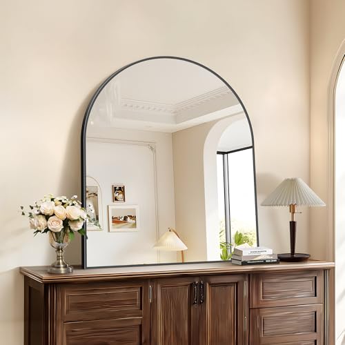 COFENY Black Arch Mirror, 30’’x36’’ Black Mirror for Bathroom, Wide Arched Bathroom Mirror with Metal Frame, Wall Mounted Mirror for Bedroom Living Room Entryway Modern