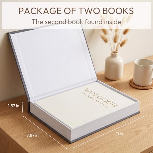 Decorative Storage Books Set of 2, Linen Cover, Gold Letters, Beige and Dark gray