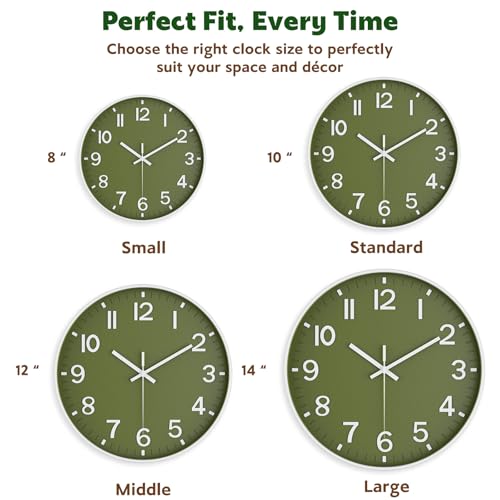Silent Wall Clock Non-Ticking Battery Operated – Modern Olive Green Analog Wall Clock for Living Room, Kitchen, Office, Bedroom – Stylish Home Wall Decor Clock, 8 Inch