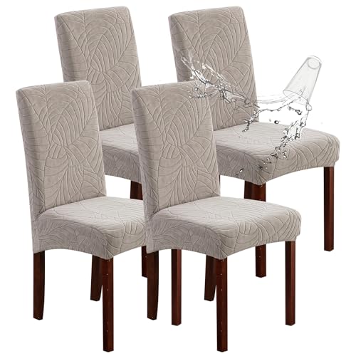 Genina 100% Waterproof Chair Covers for Dining Room Set of 4, Stretch Parson Chair Slipcovers for Kitchen Chairs, Washable Chair Protectors, Leaves-Warm Gray