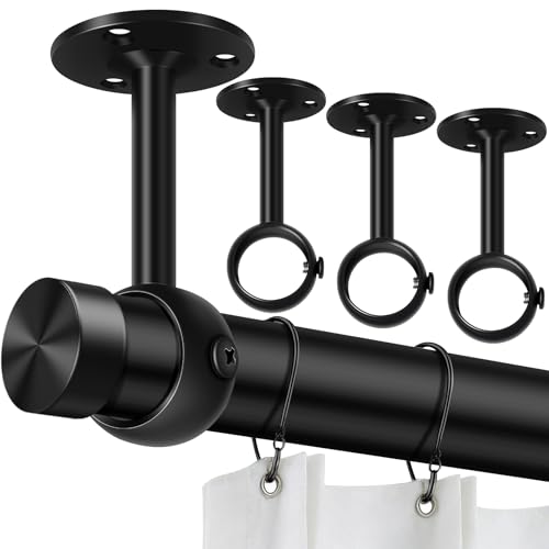 TOKPLNU Curtain Rod Brackets, Ceiling Heavy Duty Holders, Black 4 Pack Hooks Hangers for 1 1/4-Inch Drape Poles
