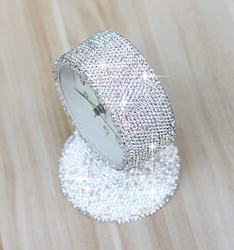 Luxury Rhinestone Small Alarm Desk Table Clock Morning Call Handmade Fashion Design for Bedroom Houseroom Living Room Cute As Gift AR (Silver)