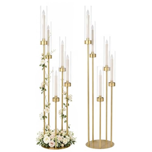 2PCS Gold 5 Arm Candle Holder Floor Candelabra with Acrylic Lampshade
