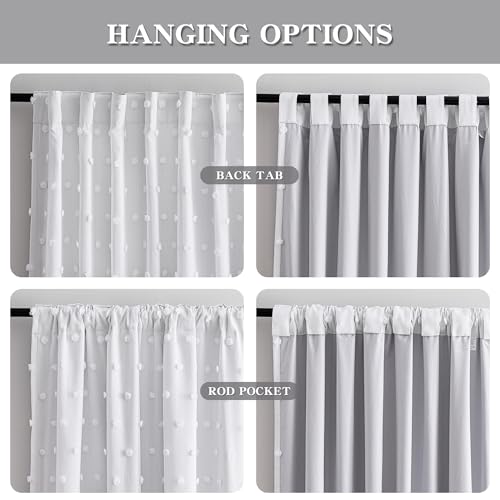 MYSKY HOME White Blackout Curtains for Bedroom 84 Inches Long 100% Light Blocking Drapes for Girls Kids Room Pom Pom Sheer Thermal Insulated Room Darkening Window Panels Back Tab Set of 2, 52W x 84L