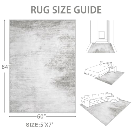 Area Rugs 5x7 Living Room: Washable Rug Modern Abstract Rugs Soft Non Slip Neutral Rug Stain Resistant Indoor Carpet for Bedroom Kitchen Dining Room Nursery Home Office Rugs(Grey,5'x7')