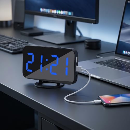 Cabilock Digital Alarm Clock with Mirror Surface Led Display Dual USB Charging Ports Snooze 3-Level Dimmer Digital Bedside Clock for Bedroom Desk Office