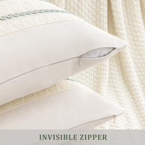 Laolitou Set of 2 Boho Throw Lumbar Pillow Covers 20×12, Rustic Farmhouse Cotton Linen Soft Sage Green Decorative Pillow Cover for Living Room Sofa Bedroom Couch Cushions Home Decor
