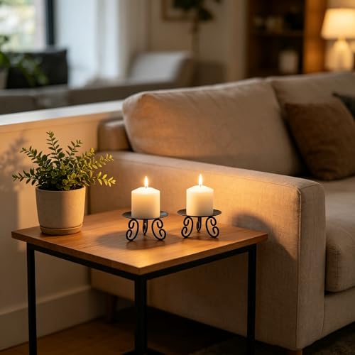 Hosley Set of 2 Black Iron Pillar Candle Holders, 5-Inch Round Candle Stands with Scroll Feet, Rustic Farmhouse Table Centerpiece Decor for Weddings, Spa, and Home