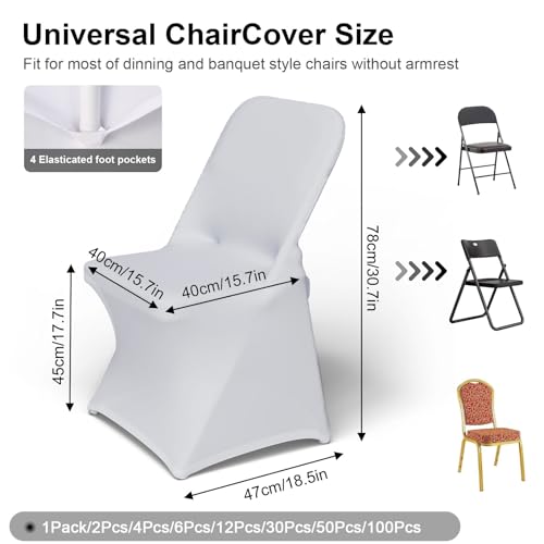 Trlyc Spandex Folding Chair Covers 100 Pcs Universal Fitted Dining Chair Cover Stretchy Slipcovers for Wedding Party Banquet Flat-Front Chairs Covers (White)