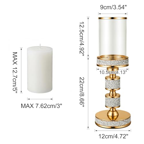 Hurricane Candle Holder, 13.5" Tall Metal Candle Stand, Glass Pillar Candle Holders, Crystal Gold Decorative Centerpieces for Table, Wedding and Dining Room (Fits Candles up to 3"x5", 2pcs, M)