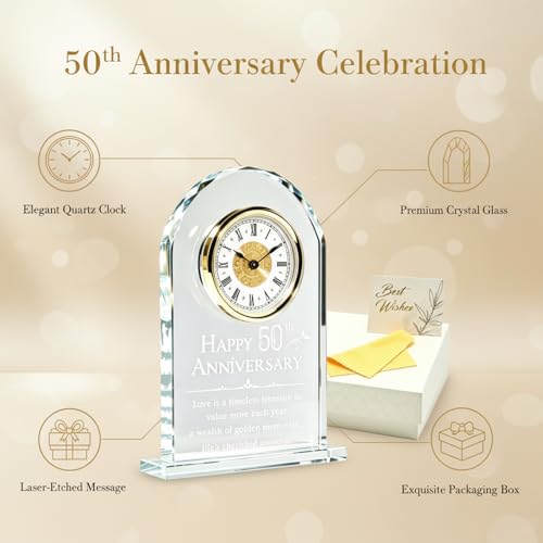 Anxingo 50th Wedding Anniversary Clock, Gold Crystal Quartz Clock for Parents, Elegant Golden Keepsake for Couples, 50 Years of Love Celebration Gift, 5.91x7.87 Inch (Battery Not Included)
