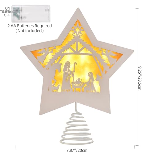 GHOSTMAGIC Christmas Tree Topper Star Nativity 7.87 x 9.25 inches Wooden Xmas Tree Top Star with 3 Modes LED Light Treetop Decoration for Christmas Bar Shop Office Home Decor (White)