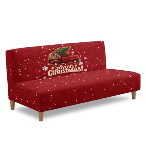 Christmas Truck Futon Slipcover Armless Futon Bed Sofa Cover Furniture Protector with Elastic Bottom, Soft and Washable Futon Covers for Sofa Bed