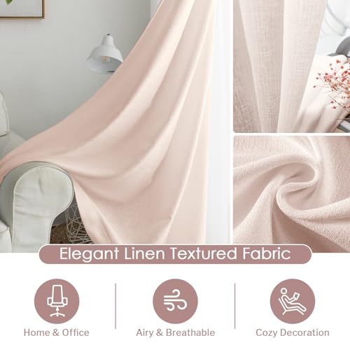 Melodieux Pink Sheer Curtains with Tiebacks - 84 Inches Long for Living Room, Rod Pocket, Linen Look Shiny Texture, Semi Sheer Light Filtering Curtain Drapes for Bedroom, 52" W x 84" L, 2 Panels