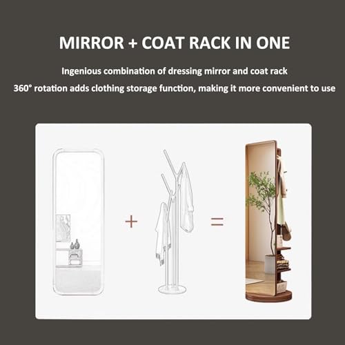Full Length Mirror with Coat Rack - 360° Rotating Solid Wood Freestanding Floor Mirror with Hooks for Bedroom & Living Room - Space-Saving Stylish Storage Solution