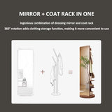Full Length Mirror with Coat Rack - 360° Rotating Solid Wood Freestanding Floor Mirror with Hooks for Bedroom & Living Room - Space-Saving Stylish Storage Solution