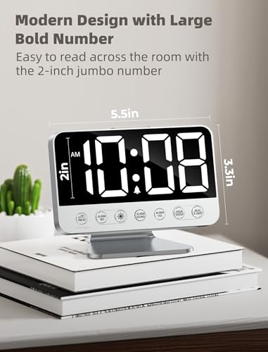 Odokee Digital Alarm Clocks for Bedrooms: Large Bold Number 5 Brightness Dimmer - Easy to Read Across The Room - 5 Alarm Sound 8 Night Light - Silver