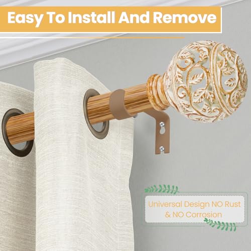 Boho Wood Curtain Rods For Windows 48 to 84 Inches, 1 Inch Heavy-Duty Adjustable Decorative Curtain Rods With Branches Leaves Hollow Finials for Bedrooms and Living Rooms In Farmhouses.